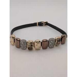 Alexis Bittar Crystal Embellished Three Tone Metal Black Leather Bracelet Choker